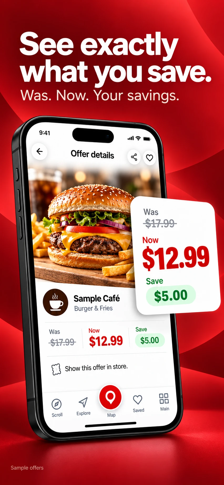 Offer details showing was, now and savings